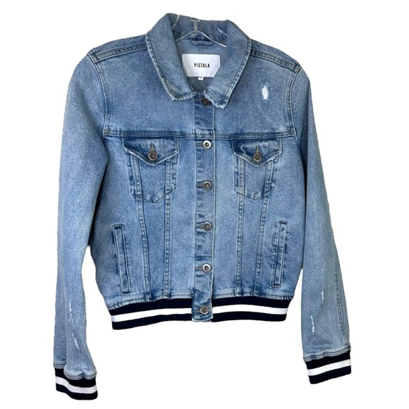 Pistola - Women’s ‘Brando’ Distressed, Bomber Denim Jacket, Trim - Blue, Medium - Picture 4 of 16